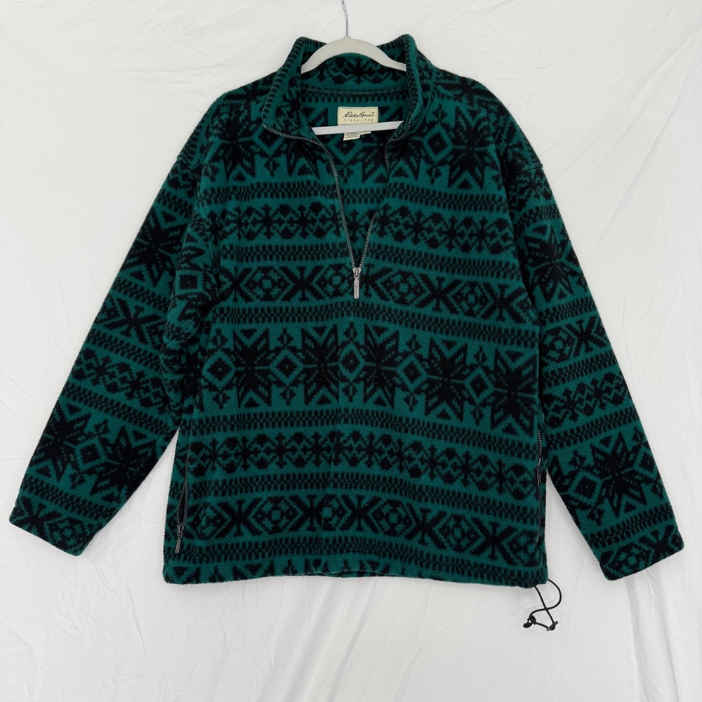 Vintage Men’s Eddie Bauer Quarter Zip Fleece Green Black Snowflakes Medium